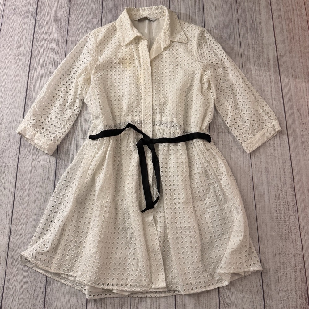 Zara White Eyelets Collar 3/4 Sleeve Drop Waist Button Front With Tie Back M